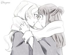 Rule 34 | 2girls, blush, couple, diana cavendish, embarrassed, eye contact, greyscale, happy, kagari atsuko, kaiyamon, little witch academia, long hair, looking at another, monochrome, multiple girls, open mouth, scarf, simple background, smile, surprised, wavy hair, white background, yuri