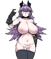 Rule 34 | 1girl, 3:, aqua eyes, arm behind back, black gloves, black thighhighs, breasts, cleft of venus, closed mouth, collarbone, constricted pupils, cowboy shot, gloves, groin, hair between eyes, hand up, highres, horns, huge breasts, inverted nipples, navel, nude, nyong nyong, original, pointy ears, purple hair, pussy, simple background, solo, split mouth, striped horns, thighhighs, thighs, uncensored, white background
