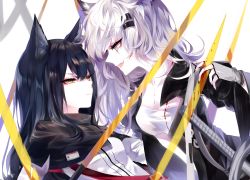 Rule 34 | 2girls, :d, animal ears, arknights, bandeau, belt, black capelet, black hair, black jacket, breasts, capelet, eye contact, fang, from side, grey eyes, hair between eyes, hair ornament, hairclip, highres, jacket, lappland (arknights), long hair, long sleeves, looking at another, medium breasts, multiple girls, nail polish, open clothes, open jacket, open mouth, profile, red belt, sheya, silver hair, smile, texas (arknights), upper body, white background, white jacket, wolf ears, yellow eyes, yuri