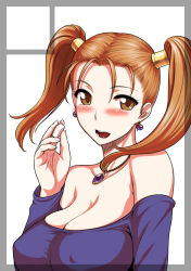 Rule 34 | 1girl, bare shoulders, blush, breasts, cleavage, dragon quest, dragon quest viii, female focus, jessica albert, jewelry, looking at viewer, necklace, open mouth, orange eyes, orange hair, purple shirt, shirt, solo, square enix, st.germain-sal, twintails