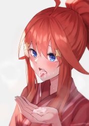 Rule 34 | 1girl, ahoge, amog, blue eyes, cum, cum in mouth, cum on hands, go-toubun no hanayome, hair between eyes, hair ornament, half updo, high ponytail, highres, japanese clothes, kimono, nakano itsuki, open mouth, red hair, red kimono, sidelocks, simple background, solo, star (symbol), star hair ornament, tongue, tongue out, upper body, white background