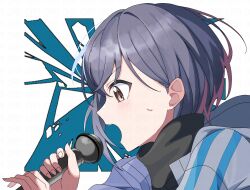 1girl bang_dream! bang_dream!_it&#039;s_mygo!!!!! black_shirt commentary_request grey_hair grey_jacket highres holding holding_microphone hood hood_down hooded_jacket jacket microphone open_mouth ora_(oraora_oekaki) portrait shirt short_hair solo sweatdrop takamatsu_tomori teeth upper_teeth_only watermark white_background