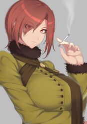 Rule 34 | 1girl, aozaki touko, cigarette, coat, green coat, holding, holding cigarette, looking at viewer, mahou tsukai no yoru, nigane, red eyes, red hair, simple background, solo, type-moon, upper body