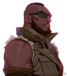 Rule 34 | 1boy, artist name, bare shoulders, barret wallace, bear, brown vest, dark-skinned male, dark skin, facial hair, facial scar, final fantasy, final fantasy vii, final fantasy vii remake, highres, leandro franci, looking to the side, male focus, popped collar, portrait, scar, scar on cheek, scar on face, short hair, solo, sunglasses, torn clothes, torn sleeves, upper body, very short hair, vest, white background