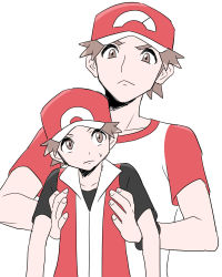 Rule 34 | 2boys, :&lt;, bad id, bad pixiv id, baseball cap, brown eyes, brown hair, commentary request, creatures (company), dual persona, game freak, hat, male focus, multiple boys, nintendo, picking up, pokemon, pokemon frlg, pokemon sm, pumpkinpan, red (pokemon), shirt, short sleeves, simple background, sweatdrop, t-shirt, time paradox, white background