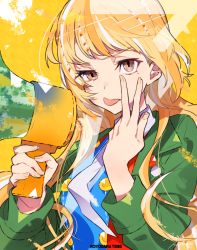Rule 34 | 1girl, blonde hair, blue shirt, breasts, brown eyes, colorful, commentary request, eyelashes, green jacket, hand up, highres, holding, holding megaphone, jacket, long hair, long sleeves, looking at viewer, megaphone, mika pikazo, mole, mole under eye, nail polish, open clothes, open jacket, original, shirt, sidelocks, solo, tongue, tongue out, uneven eyes, upper body, v-shaped eyebrows, virtual youtuber, w, white neckwear, wing collar, yellow background, yellow nails