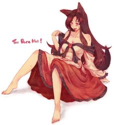 Rule 34 | 1girl, animal ears, bare shoulders, barefoot, blush, breasts, brooch, brown hair, colored pencil (medium), dress, english text, female focus, full body, hot, imaizumi kagerou, jewelry, large breasts, long hair, long sleeves, open mouth, red eyes, simple background, sitting, solo, tail, terrajin, tongue, tongue out, touhou, traditional media, white background, wolf ears, wolf tail