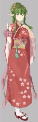 Rule 34 | 1girl, aged up, alternate costume, alternate hairstyle, bag, cherry blossom print, commentary, curly hair, english commentary, fire emblem, fire emblem awakening, fire emblem heroes, floral print, flower, full body, green eyes, green hair, hair flower, hair ornament, highres, holding, holding bag, japanese clothes, kimono, long hair, looking at viewer, nintendo, pointy ears, ponytail, red kimono, sakuremi, sandals, sidelocks, solo, tabi, tiki (adult) (fire emblem), tiki (fire emblem), white legwear
