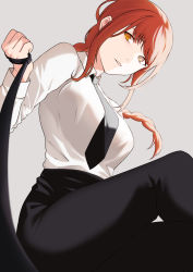 Rule 34 | 1girl, bbk (13zk), black necktie, black pants, braid, braided ponytail, breasts, chainsaw man, closed mouth, collared shirt, commentary, dress shirt, from below, grey background, highres, holding, holding leash, leash, light smile, long sleeves, looking at viewer, makima (chainsaw man), medium breasts, medium hair, necktie, orange eyes, pants, pov, red hair, ringed eyes, shirt, shirt tucked in, sidelocks, simple background, sitting, solo, viewer on leash, white shirt, wing collar