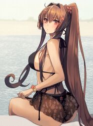 Rule 34 | 1girl, :o, alternate costume, ass, bikini, black bikini, bracelet, breasts, brown hair, floral print, flower, from behind, hair flower, hair intakes, hair ornament, halterneck, highres, jewelry, kantai collection, kasumi (skchkko), large breasts, long hair, looking at viewer, looking back, ponytail, red eyes, sarong, side-tie bikini bottom, sitting, solo, strap gap, swimsuit, thighs, very long hair, water, yamato (kancolle)
