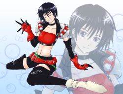 Rule 34 | 1girl, belt, black hair, breasts, choker, elbow gloves, closed eyes, gloves, midriff, navel, open mouth, rutee katrea, shoes, short hair, short shorts, shorts, tales of (series), tales of destiny, thighhighs