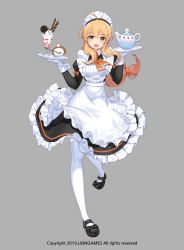 Rule 34 | 1girl, apron, black bow, black dress, black footwear, bow, breasts, cup, dress, fork, frilled apron, frilled dress, frills, full body, gloves, grey background, haru estia, highres, holding, holding tray, juliet sleeves, lace, lace-trimmed legwear, lace trim, lim jaejin, long sleeves, maid, maid apron, maid headdress, mary janes, medium breasts, orange bow, parfait, puffy sleeves, saucer, shoes, simple background, sleeves past wrists, solo, soulworker, standing, standing on one leg, teacup, teapot, tray, wafer stick, watermark, white apron, white gloves, white legwear