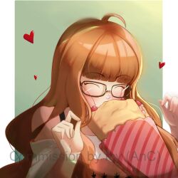 Rule 34 | 1girl, ahoge, blunt bangs, brown hair, closed eyes, commentary, commission, cream, cream on face, crepe, dessert, english commentary, food, food on face, fruit, glasses, hands up, happy, heart, highres, long hair, orange hair, persona, persona 5, pillarboxed, ragnarrrr, sakura futaba, solo, strawberry, upper body, watermark