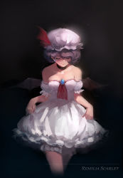 Rule 34 | 1girl, adapted costume, bare shoulders, bat wings, black background, blue background, bow, breasts, brooch, character name, choker, closed eyes, collarbone, crossed legs, curtsey, dress, earrings, eyelashes, hat, hat bow, jewelry, light smile, lips, mob cap, purple hair, remilia scarlet, short dress, short hair, simple background, sketch, small breasts, smile, sola7764, solo, strapless, strapless dress, touhou, two-tone background, wings