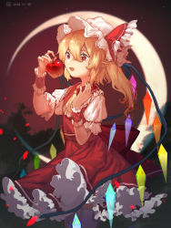 Rule 34 | 1girl, :d, arms up, ascot, blonde hair, blush, bow, collared shirt, commentary request, crescent moon, crystal, dated, dot nose, eyelashes, fang, flandre scarlet, food, frilled skirt, frills, fruit, furahata gen, hair between eyes, hat, hat bow, hat ribbon, highres, holding, holding food, holding fruit, looking at object, mob cap, moon, nail polish, night, one side up, open mouth, pointy ears, puffy short sleeves, puffy sleeves, rainbow order, red background, red bow, red nails, red ribbon, red skirt, red vest, ribbon, shirt, short sleeves, side ponytail, sidelocks, signature, skirt, sky, slit pupils, smile, solo, standing, star (sky), starry sky, thighhighs, thighs, touhou, vest, white hat, white thighhighs, wings, wrist cuffs, yellow ascot