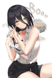 Rule 34 | 1girl, absurdres, bare shoulders, black choker, black hair, black ribbon, black shorts, bra, breasts, chainsaw man, choker, collarbone, collared shirt, commentary request, duplicate, green eyes, grenade pin, hair between eyes, hands up, head tilt, highres, holding, holding ribbon, large breasts, long hair, looking at viewer, open clothes, open shirt, open shorts, pixel (yuxian), reze (chainsaw man), ribbon, shirt, shorts, sleeveless, sleeveless shirt, smile, solo, underwear, white bra, white shirt