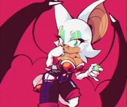 Rule 34 | 1girl, animal ears, animal nose, bare shoulders, bat ears, bat girl, bat wings, black bodysuit, black wings, body fur, bodysuit, boots, breasts, chaos emerald, chromatic aberration, cleavage, closed mouth, covered navel, cowboy shot, elbow gloves, eyeshadow, fang, fang out, female focus, furry, furry female, gem, gloves, green eyes, green eyeshadow, green gemstone, half-closed eyes, hand to own mouth, hands up, happy, high heels, highres, holding, holding gem, leg up, looking at viewer, makeup, medium breasts, nano (nanolovesyou), pinky out, raised eyebrow, red background, rouge the bat, shiny clothes, short hair, sideways mouth, simple background, smile, solo, sonic (series), spiked wings, standing, standing on one leg, tail, thigh boots, white footwear, white fur, white gloves, white hair, wings