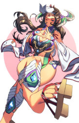 Rule 34 | 1girl, animal ear fluff, animal ears, armor, bikini, bikini top only, blue eyes, breasts, brown hair, chinese clothes, cleavage, cleavage cutout, clothing cutout, commentary, detached sleeves, dudou, english commentary, eureka brider, facial mark, forehead jewel, forehead mark, foreshortening, geta, greaves, highres, horn ornament, horns, huge breasts, invisible chair, legs, crossed legs, long hair, looking at viewer, navel, no panties, one eye closed, original, pelvic curtain, pointy ears, sitting, solo, steepled fingers, swimsuit, toes, underboob, very long hair, wide sleeves
