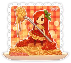 Rule 34 | 1girl, artist name, brown thighhighs, chibi, closed mouth, commentary, dav-19, dress, eyes visible through hair, food, food-themed clothes, fork, full body, holding, holding fork, in food, lace background, leaf, long hair, looking away, looking to the side, original, pasta, personification, plaid, plate, red dress, red eyes, red hair, short sleeves, smile, solo, spaghetti, standing, thighhighs, tomato, tomato sauce, transparent background, very long hair, watermark, web address