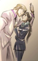 Rule 34 | 00s, 1boy, 1girl, couple, darker than black, formal, height difference, hetero, kirihara misaki, non-web source, november 11 (darker than black), pant suit, pants, size difference, suit