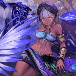 Rule 34 | 1girl, armlet, belly, blunt bangs, breasts, cowboy shot, dark-skinned female, dark skin, earrings, facial mark, feathers, fingernails, headdress, highres, jewelry, lee hyeseung, long hair, looking at viewer, mask, midriff, nail polish, navel, necklace, original, reclining, shiny skin, solo, stomach tattoo, tan, tattoo, thigh gap, tree, vase, water, white hair, wrist wrap, yellow eyes