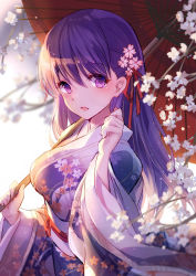 Rule 34 | 1girl, alternate costume, bison cangshu, blurry, cherry blossoms, commentary request, depth of field, fate/stay night, fate (series), flower, gradient clothes, gradient kimono, hair between eyes, hair flower, hair ornament, hair ribbon, highres, holding, holding umbrella, japanese clothes, kimono, long hair, looking at viewer, matou sakura, obi, oil-paper umbrella, open mouth, purple eyes, purple hair, purple kimono, red ribbon, ribbon, sash, smile, solo, tareme, umbrella, upper body, white kimono, wide sleeves