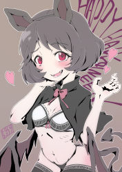 Rule 34 | 1girl, alternate eye color, alternate hair color, animal ears, artist name, bat ears, black capelet, black panties, black thighhighs, blush, bob (you-u-kai), bow, bow bra, bowtie, bra, breasts, capelet, commentary, demon tail, demon wings, english text, fake animal ears, fangs, frilled bra, frills, girls und panzer, grey hair, halloween costume, hand on own face, happy halloween, heart, leaning forward, navel, pale skin, panties, print bra, print panties, red bow, red eyes, ribs, signature, skindentation, small breasts, solo, tail, thighhighs, underwear, utsugi yuuki, white bra, wings
