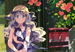 Rule 34 | 1girl, animal, bare arms, bf. (sogogiching), bright pupils, cat, closed mouth, collarbone, dappled sunlight, day, door, dot nose, dress, fence, flower, grey hair, hat, holding, holding animal, long hair, mailbox (incoming mail), original, outdoors, plant, purple dress, purple eyes, red flower, shade, sleeveless, sleeveless dress, smile, solo, sun hat, sunlight, tareme, upper body, vines, wavy hair, wooden door, wooden fence