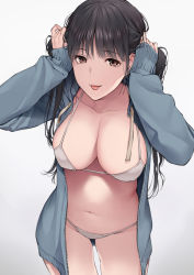 Rule 34 | 1girl, :p, arms up, bikini, bikini under clothes, black hair, blue jacket, breasts, brown eyes, bunching hair, collarbone, cowboy shot, drawstring, groin, highres, holding, holding hair, hood, hooded track jacket, jacket, large breasts, looking at viewer, no pants, original, simple background, sleeves past wrists, solo, standing, string bikini, swimsuit, team lucky, tongue, tongue out, track jacket, unzipped, white bikini