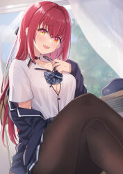 Rule 34 | 1girl, black choker, black jacket, blazer, blue bow, blue bowtie, blue skirt, blush, bow, bowtie, breasts, choker, crossed legs, feet out of frame, hair between eyes, heterochromia, highres, hololive, houshou marine, houshou marine (school uniform), jacket, knees up, koto (colorcube), large breasts, legs, long hair, looking at viewer, official alternate costume, pantyhose, plaid, plaid bow, plaid bowtie, red eyes, red hair, revision, shirt, short sleeves, skirt, solo, virtual youtuber, white shirt, yellow eyes