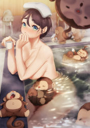 Rule 34 | 1girl, bathing, blueorca, blush, breasts, brown hair, bucket, closed mouth, collarbone, completely nude, convenient arm, convenient censoring, cup, green eyes, highres, holding, holding cup, indoors, large breasts, looking at viewer, monkey, nude, onsen, original, partially submerged, photobomb, short hair, sitting, solo, steam, towel, towel on head, water, wooden bucket