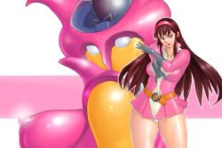 Rule 34 | 1girl, aphrodai a, aphrodite a, belt, black gloves, breasts, brown eyes, brown hair, cowboy shot, dress, elbow gloves, giant robot, gloves, hip focus, large breasts, legs, long hair, looking at viewer, mazinger (series), mazinger z, mecha, outline, panties, pantyshot, parted lips, pink eyes, retro artstyle, robot, short dress, smile, solo, standing, thick thighs, thighs, toei animation, underwear, white panties, wide hips, yumi sayaka, zen and retro