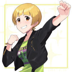 Rule 34 | 1girl, akaimo, black jacket, blonde hair, bracelet, clenched hand, earrings, fukuda noriko, green shirt, grin, highres, idolmaster, idolmaster million live!, idolmaster million live! theater days, jacket, jewelry, looking at viewer, shirt, short hair, simple background, smile, solo, star (symbol), star earrings, upper body, white background, yellow eyes