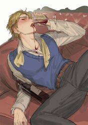 Rule 34 | 1boy, alcohol, blonde hair, blush, bottle, bustersiri, couch, cup, dio brando, drinking, drinking glass, ear birthmark, highres, holding, holding cup, jojo no kimyou na bouken, looking at viewer, lying, male focus, on back, on couch, phantom blood, pouring, red eyes, red wine, shirt, simple background, solo, spill, spilling, spread legs, sweater vest, white background, wine, wine bottle, wine glass