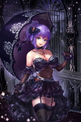 Rule 34 | 1girl, :d, architecture, black thighhighs, blue eyes, breasts, brooch, castle, choker, church, cleavage, cloud, cowboy shot, detached collar, dress, female focus, frilled skirt, frills, full moon, garter straps, gem, gothic architecture, gothic lolita, head tilt, holding, holding umbrella, indoors, jewelry, lace, lace-trimmed legwear, lace legwear, lace trim, large breasts, legs, light particles, lolita fashion, moon, nell p, night, night sky, open mouth, original, ponytail, purple hair, red gemstone, short hair, silhouette, skirt, sky, smile, solo, sparkle, teeth, thighhighs, thighs, umbrella, zettai ryouiki