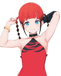Rule 34 | 1girl, aqua eyes, armpits, arms up, asukagawa chise, braid, closed mouth, flat chest, gloves, gridman universe, highres, kamidan, looking at viewer, mole, mole under mouth, simple background, single glove, sleeveless, smile, solo, ssss.dynazenon, twin braids, upper body, white background