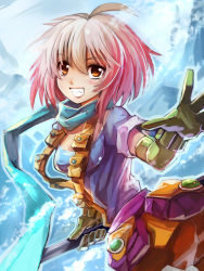 Rule 34 | 1girl, ahoge, blue shirt, blush, edobox, elbow gloves, gloves, gradient hair, grin, multicolored hair, pascal (tales), pink hair, red eyes, scarf, shirt, short hair, smile, solo, tales of (series), tales of graces, two-tone hair, white hair