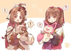Rule 34 | &gt; &lt;, 2girls, ainu clothes, animal, animal ears, animal hands, aquaplus, blush, braid, breasts, brown hair, cat ears, cat tail, closed eyes, creatures (company), dog ears, dog tail, dress, family, fang, fangs, fangs out, game freak, gen 3 pokemon, gen 7 pokemon, gradient eyes, hair between eyes, hair ornament, hair up, holding, holding animal, holding pokemon, inui (utawarerumono), kryutaware, long hair, long sleeves, looking at another, mole, mole under eye, multicolored eyes, multiple girls, nekone (utawarerumono), nintendo, open mouth, parted bangs, pokemon, pokemon (creature), red eyes, red scarf, rockruff, scarf, sidelocks, skitty, small breasts, speech bubble, standing, sweat, sweatdrop, tail, teeth, tongue, twintails, utawarerumono, utawarerumono: itsuwari no kamen, utawarerumono: lost flag