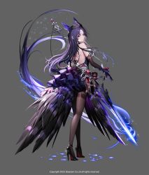 Rule 34 | 1girl, back tattoo, bare shoulders, black gloves, black pantyhose, crown, dress, energy sword, feathers, frilled dress, frills, full body, gem, gloves, high heels, highres, lentain, long hair, looking back, official art, pantyhose, patent heels, pumps, red eyes, scepter, shoes, solo, standing, stiletto heels, sword, tattoo, weapon, wild girls