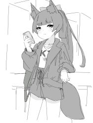 Rule 34 | 1girl, animal ear fluff, animal ears, bow, cellphone, closed mouth, fox ears, fox girl, fox tail, greyscale, hair bow, hand up, highres, holding, holding phone, jacket, kuro kosyou, long hair, long sleeves, looking at viewer, monochrome, open clothes, open jacket, original, phone, ponytail, puffy long sleeves, puffy sleeves, shirt, skirt, solo, tail, very long hair