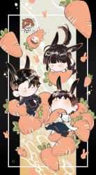 Rule 34 | 2girls, 3boys, animal ears, baek ae-young, black eyes, black hair, bodysuit, brown hair, carrot, chibi, commentary, costume, diving suit, duk xox, eoduun badaui deungbul-i doeeo, heterochromia, highres, holding, holding stuffed toy, jihyeok seo, lab coat, long hair, long sleeves, looking at another, multiple boys, multiple girls, no mouth, park moo-hyun, ponytail, rabbit boy, rabbit ears, rabbit girl, rabbit tail, shin hae-ryang, short hair, solid circle eyes, stuffed animal, stuffed toy, stuffed whale, symbol-only commentary, tail, wetsuit, yu geum-i