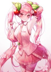 Rule 34 | 1girl, absurdres, arm up, armpits, bare shoulders, blush, cherry blossoms, cherry hair ornament, closed mouth, collared shirt, cowboy shot, detached sleeves, flower, food-themed hair ornament, hair flower, hair ornament, hand up, hatsune miku, highres, hyunnim01, long hair, long sleeves, looking at viewer, miniskirt, necktie, pink eyes, pink hair, pink skirt, pleated skirt, sakura miku, shirt, skirt, sleeveless, sleeveless shirt, smile, solo, thighhighs, tie clip, twintails, very long hair, vocaloid, zettai ryouiki