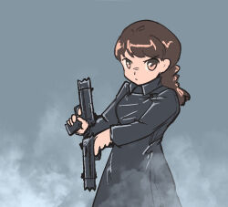 Rule 34 | 1girl, black robe, braid, brown eyes, brown hair, commentary, cosplay, dual wielding, english commentary, equilibrium, finger on trigger, grammaton cleric, gun, gunkata, handgun, holding, holding gun, holding weapon, ironlily, long hair, looking at viewer, ordo mediare sisters (ironlily), robe, serious, solo, twin braids, twin braids sister (ironlily), weapon