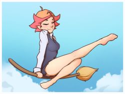 Rule 34 | 1girl, amanda o&#039;neill, bare legs, barefoot, blue skirt, blue sky, border, breasts, broom, broom riding, closed eyes, cloud, day, dress shirt, highres, little witch academia, medium breasts, outdoors, outstretched leg, pink hair, plantar flexion, pudgeruffian, shirt, short hair, skirt, sky, solo, thighs, toe-point, white border