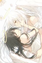Rule 34 | 1010 neg, 2girls, absurdres, angel, angel wings, bare arms, bare shoulders, black hair, closed eyes, dress, flower, hair between eyes, halo, hand on another&#039;s cheek, hand on another&#039;s face, highres, long hair, looking at another, multiple girls, original, parted lips, short sleeves, sideways, silver hair, smile, strapless, strapless dress, white dress, white flower, wings, yuri
