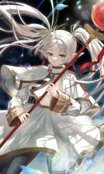 Rule 34 | 1girl, capelet, closed mouth, dress, earrings, elf, frieren, green eyes, highres, hirose (10011), holding, holding staff, jewelry, long hair, long sleeves, mage staff, pointy ears, solo, sousou no frieren, staff, twintails, white capelet, white dress, white hair