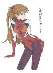 Rule 34 | 1girl, blue eyes, bodysuit, brown hair, closed mouth, covered navel, evangelion: 3.0 you can (not) redo, highres, interface headset, kura rart, long hair, neon genesis evangelion, plugsuit, profile, rebuild of evangelion, simple background, solo, souryuu asuka langley, white background