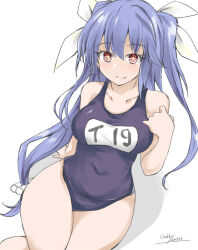 Rule 34 | 1girl, arm support, artist name, bare shoulders, blue one-piece swimsuit, breasts, closed mouth, collarbone, dated, gakky, hair between eyes, i-19 (kancolle), kantai collection, large breasts, light smile, long hair, looking at viewer, on ground, one-hour drawing challenge, one-piece swimsuit, red eyes, school swimsuit, simple background, solo, star-shaped pupils, star (symbol), swimsuit, symbol-shaped pupils, twintails, very long hair, white background