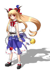 Rule 34 | 1girl, akimatsu, blonde hair, bow, chain, expressionless, full body, hair bow, horn ornament, horn ribbon, horns, ibuki suika, long hair, looking at viewer, low-tied long hair, mary janes, orb, pyramid (geometry), red eyes, ribbon, shadow, shirt, shoes, simple background, skirt, sleeveless, sleeveless shirt, solo, touhou, very long hair, white background, wrist cuffs