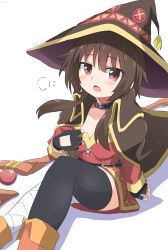 Rule 34 | 1girl, absurdres, black gloves, black thighhighs, brown hair, brown hat, cynical (llcbluckg c004), dress, fingerless gloves, gloves, hat, highres, kono subarashii sekai ni shukufuku wo!, looking at viewer, megumin, open mouth, red dress, red eyes, sitting, solo, thighhighs, thighs, white background, witch hat